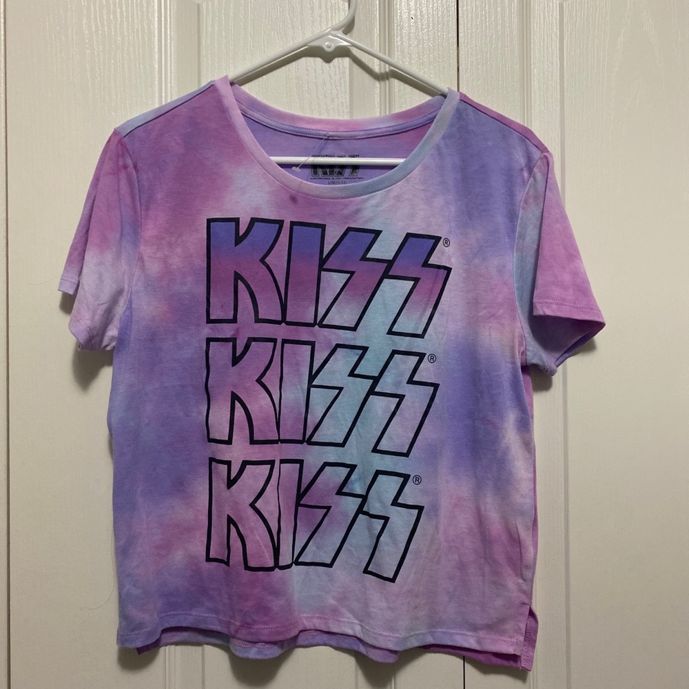 KIZZ Women's Tie Dye Shirt Purple Blue Crop Tee Top Band Shirt L New